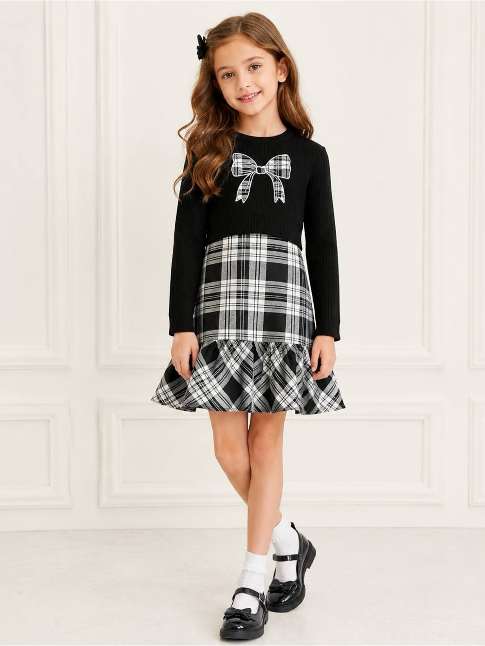 Rare Editions Girls 2-Piece Bow Sweater Plaid Dress Set Black White NWT Size 8